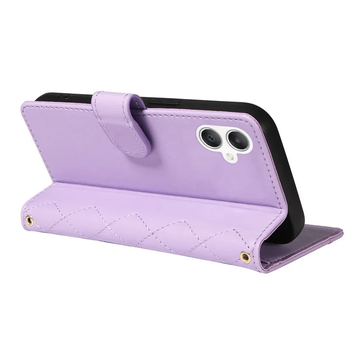 For Samsung Galaxy A06 Case Wallet Rhombus Leather Phone Cover with Shoulder Strap, Wrist Strap