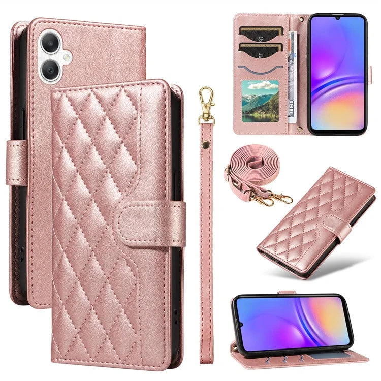 For Samsung Galaxy A06 Case Wallet Rhombus Leather Phone Cover with Shoulder Strap, Wrist Strap