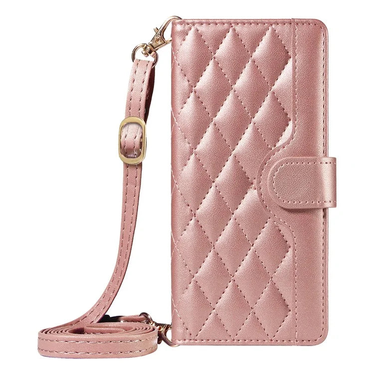 For Samsung Galaxy A06 Case Wallet Rhombus Leather Phone Cover with Shoulder Strap, Wrist Strap