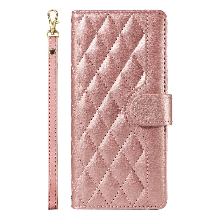 For Samsung Galaxy A06 Case Wallet Rhombus Leather Phone Cover with Shoulder Strap, Wrist Strap