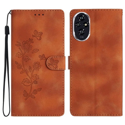For Honor 200 Pro 5G Case Leather Imprinted Flower Phone Cover Wallet with Wrist Strap