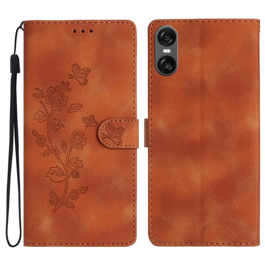 For Sony Xperia 10 VI Case Leather Imprinted Flower Phone Cover Wallet with Wrist Strap