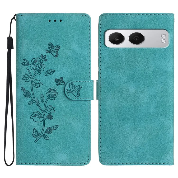 For OnePlus Nord 4 Case Leather Imprinted Flower Phone Cover Wallet with Wrist Strap