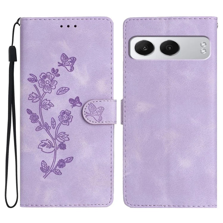 For OnePlus Nord 4 Case Leather Imprinted Flower Phone Cover Wallet with Wrist Strap