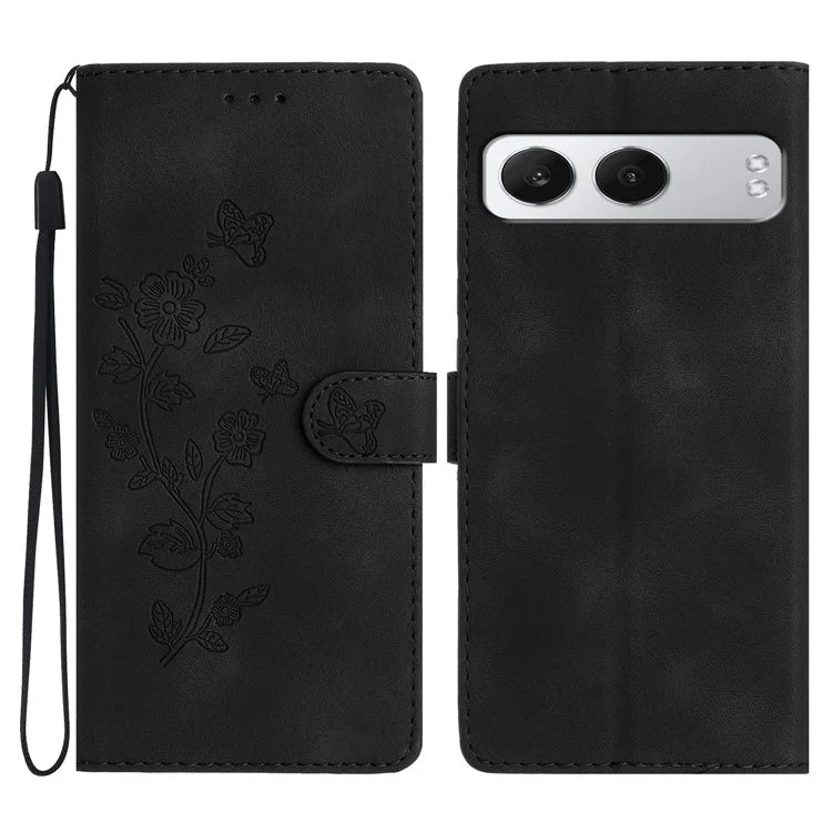 For OnePlus Nord 4 Case Leather Imprinted Flower Phone Cover Wallet with Wrist Strap
