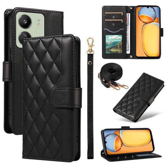 For Xiaomi Redmi 13C 5G / 13C 4G / 13R 5G /  Poco C65 4G / Poco M6 5G Case Wallet Rhombus Leather Phone Cover with Shoulder Strap, Wrist Strap