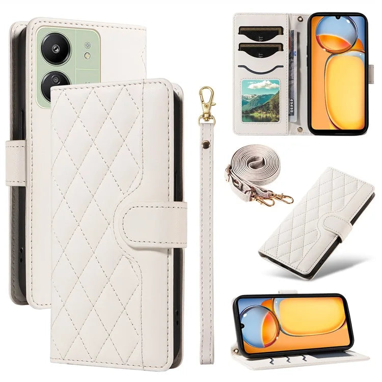 For Xiaomi Redmi 13C 5G / 13C 4G / 13R 5G /  Poco C65 4G / Poco M6 5G Case Wallet Rhombus Leather Phone Cover with Shoulder Strap, Wrist Strap