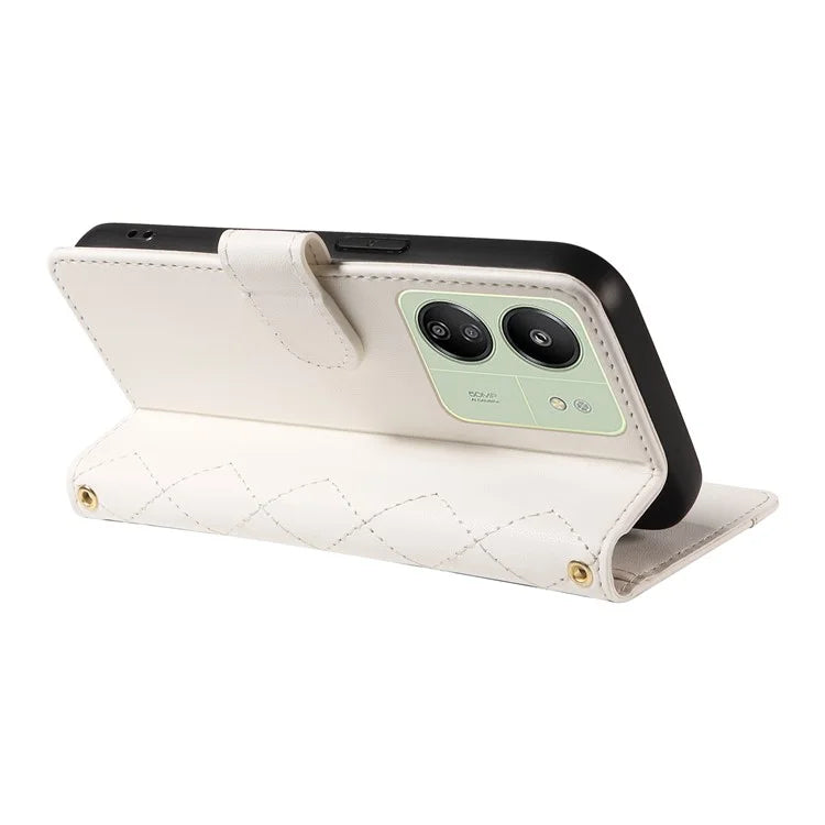 For Xiaomi Redmi 13C 5G / 13C 4G / 13R 5G /  Poco C65 4G / Poco M6 5G Case Wallet Rhombus Leather Phone Cover with Shoulder Strap, Wrist Strap