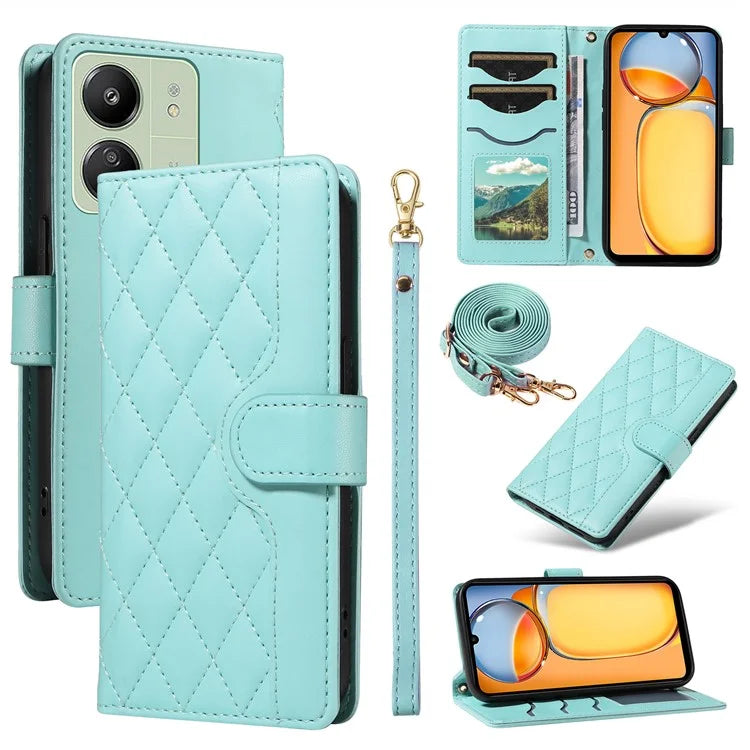 For Xiaomi Redmi 13C 5G / 13C 4G / 13R 5G /  Poco C65 4G / Poco M6 5G Case Wallet Rhombus Leather Phone Cover with Shoulder Strap, Wrist Strap
