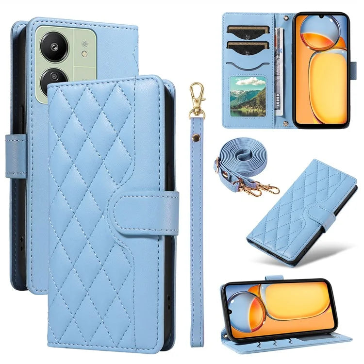 For Xiaomi Redmi 13C 5G / 13C 4G / 13R 5G /  Poco C65 4G / Poco M6 5G Case Wallet Rhombus Leather Phone Cover with Shoulder Strap, Wrist Strap