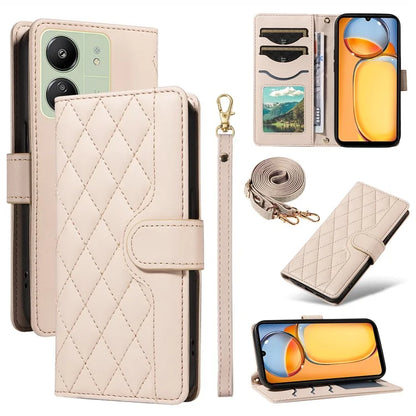 For Xiaomi Redmi 13C 5G / 13C 4G / 13R 5G /  Poco C65 4G / Poco M6 5G Case Wallet Rhombus Leather Phone Cover with Shoulder Strap, Wrist Strap