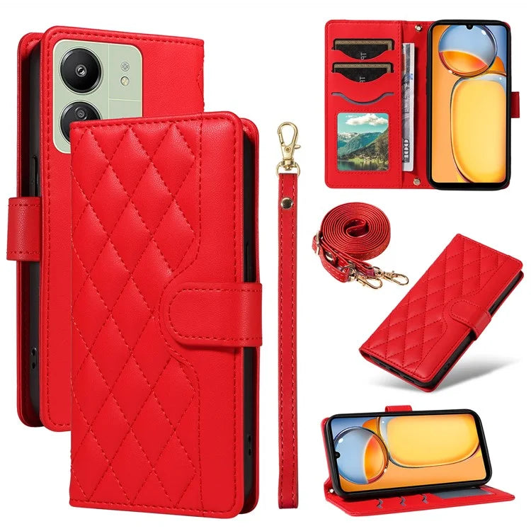For Xiaomi Redmi 13C 5G / 13C 4G / 13R 5G /  Poco C65 4G / Poco M6 5G Case Wallet Rhombus Leather Phone Cover with Shoulder Strap, Wrist Strap
