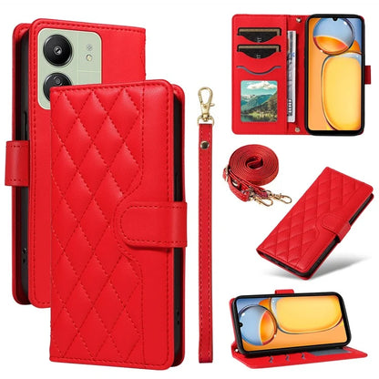 For Xiaomi Redmi 13C 5G / 13C 4G / 13R 5G /  Poco C65 4G / Poco M6 5G Case Wallet Rhombus Leather Phone Cover with Shoulder Strap, Wrist Strap