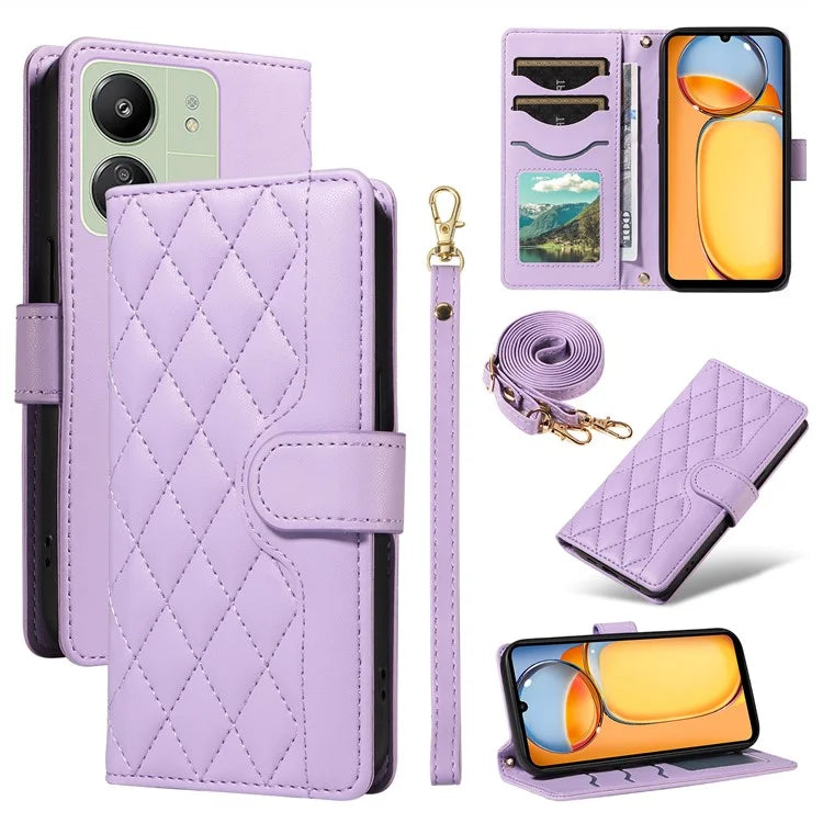 For Xiaomi Redmi 13C 5G / 13C 4G / 13R 5G /  Poco C65 4G / Poco M6 5G Case Wallet Rhombus Leather Phone Cover with Shoulder Strap, Wrist Strap