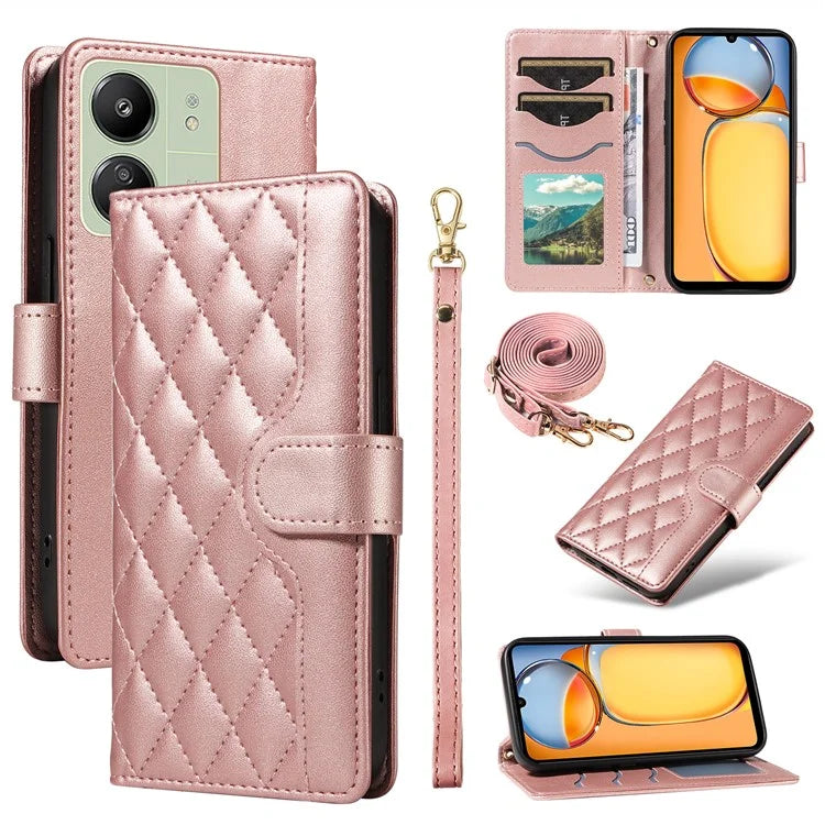 For Xiaomi Redmi 13C 5G / 13C 4G / 13R 5G /  Poco C65 4G / Poco M6 5G Case Wallet Rhombus Leather Phone Cover with Shoulder Strap, Wrist Strap