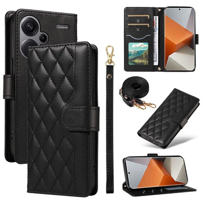 For Xiaomi Redmi Note 13 Pro+ 5G Case Wallet Rhombus Leather Phone Cover with Shoulder Strap, Wrist Strap