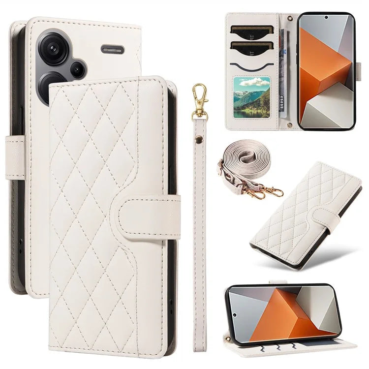 For Xiaomi Redmi Note 13 Pro+ 5G Case Wallet Rhombus Leather Phone Cover with Shoulder Strap, Wrist Strap