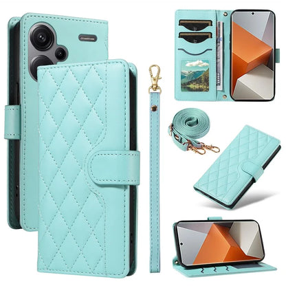 For Xiaomi Redmi Note 13 Pro+ 5G Case Wallet Rhombus Leather Phone Cover with Shoulder Strap, Wrist Strap