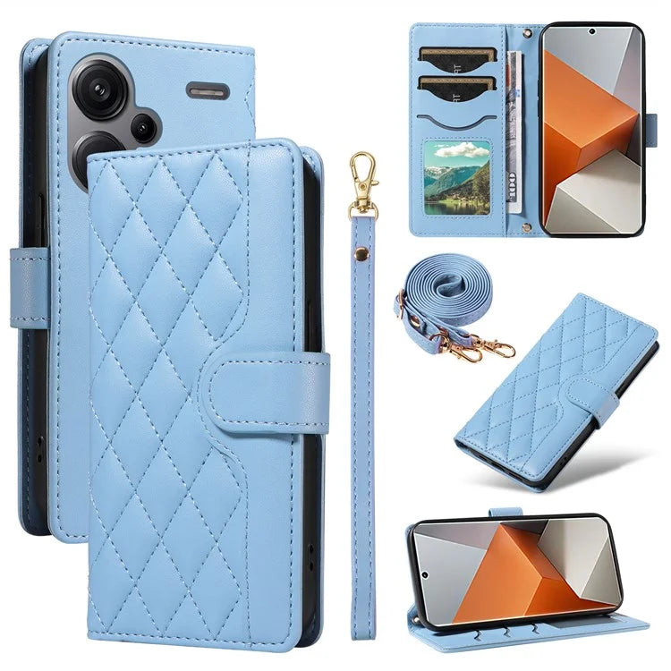 For Xiaomi Redmi Note 13 Pro+ 5G Case Wallet Rhombus Leather Phone Cover with Shoulder Strap, Wrist Strap