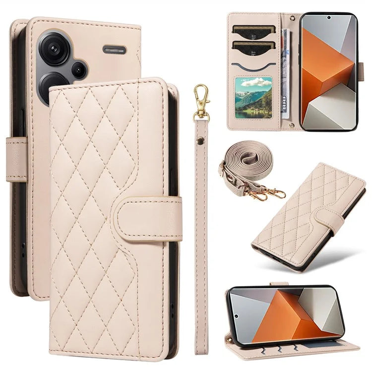 For Xiaomi Redmi Note 13 Pro+ 5G Case Wallet Rhombus Leather Phone Cover with Shoulder Strap, Wrist Strap