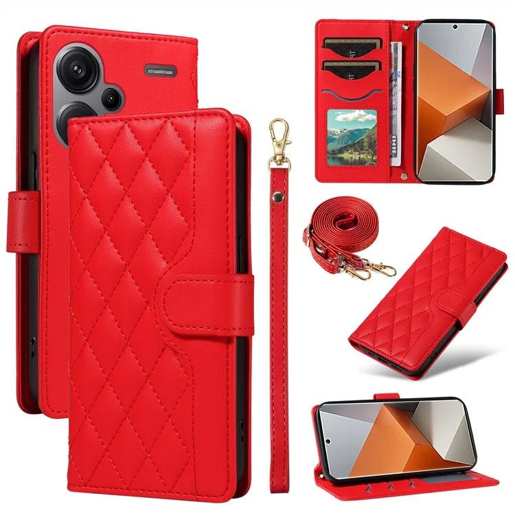 For Xiaomi Redmi Note 13 Pro+ 5G Case Wallet Rhombus Leather Phone Cover with Shoulder Strap, Wrist Strap