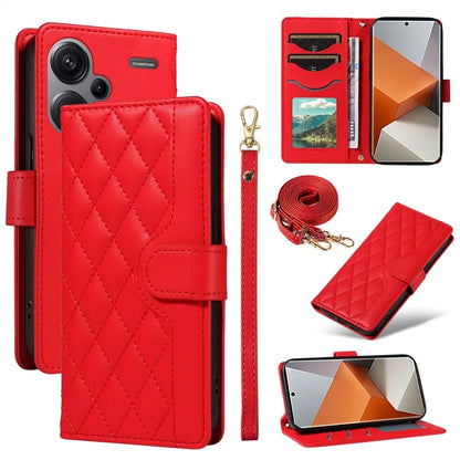 For Xiaomi Redmi Note 13 Pro+ 5G Case Wallet Rhombus Leather Phone Cover with Shoulder Strap, Wrist Strap