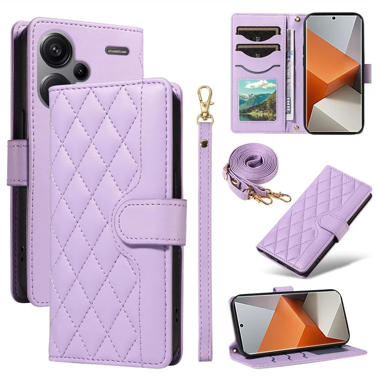 For Xiaomi Redmi Note 13 Pro+ 5G Case Wallet Rhombus Leather Phone Cover with Shoulder Strap, Wrist Strap