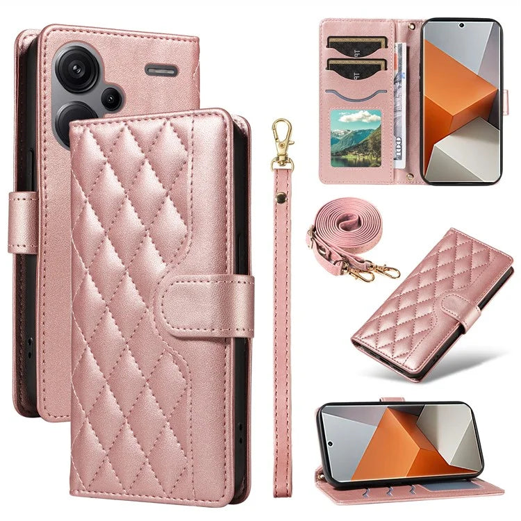 For Xiaomi Redmi Note 13 Pro+ 5G Case Wallet Rhombus Leather Phone Cover with Shoulder Strap, Wrist Strap