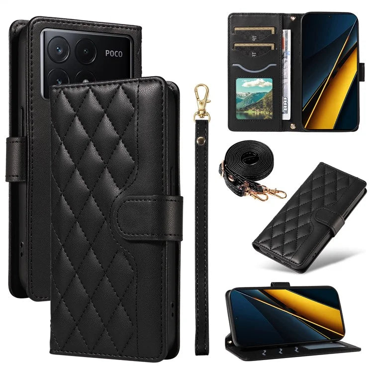For Xiaomi Poco X6 Pro 5G / Redmi K70E 5G Case Wallet Rhombus Leather Phone Cover with Shoulder Strap, Wrist Strap
