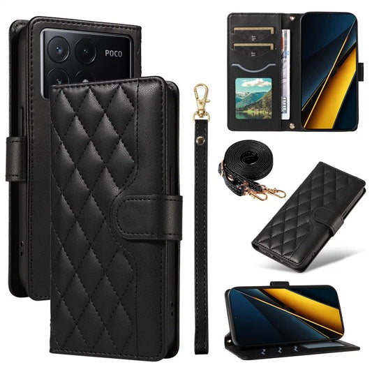 For Xiaomi Poco X6 Pro 5G / Redmi K70E 5G Case Wallet Rhombus Leather Phone Cover with Shoulder Strap, Wrist Strap
