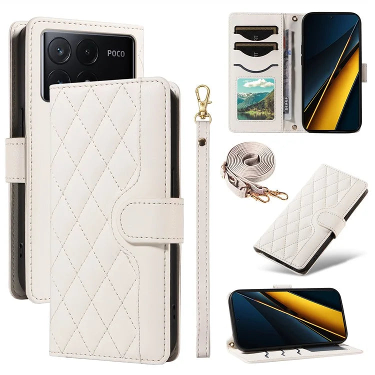 For Xiaomi Poco X6 Pro 5G / Redmi K70E 5G Case Wallet Rhombus Leather Phone Cover with Shoulder Strap, Wrist Strap