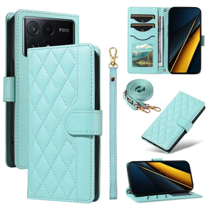 For Xiaomi Poco X6 Pro 5G / Redmi K70E 5G Case Wallet Rhombus Leather Phone Cover with Shoulder Strap, Wrist Strap