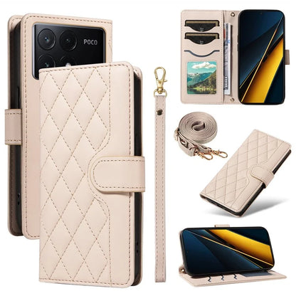 For Xiaomi Poco X6 Pro 5G / Redmi K70E 5G Case Wallet Rhombus Leather Phone Cover with Shoulder Strap, Wrist Strap