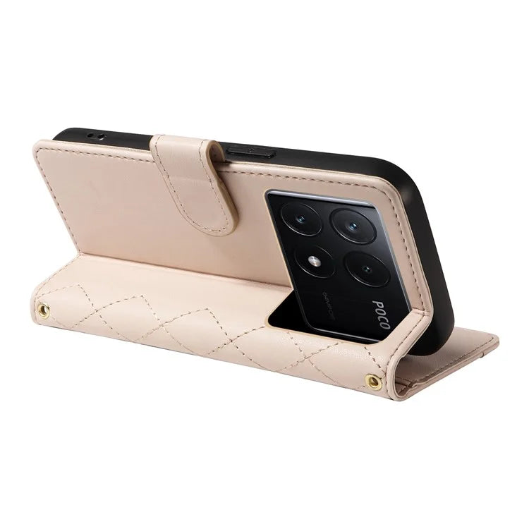 For Xiaomi Poco X6 Pro 5G / Redmi K70E 5G Case Wallet Rhombus Leather Phone Cover with Shoulder Strap, Wrist Strap