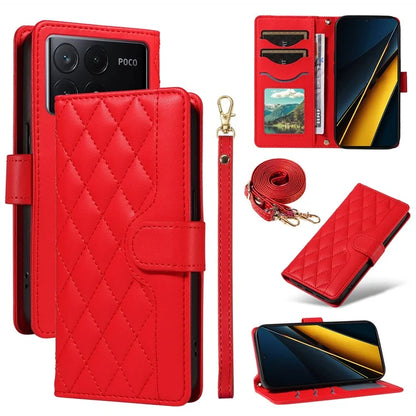 For Xiaomi Poco X6 Pro 5G / Redmi K70E 5G Case Wallet Rhombus Leather Phone Cover with Shoulder Strap, Wrist Strap
