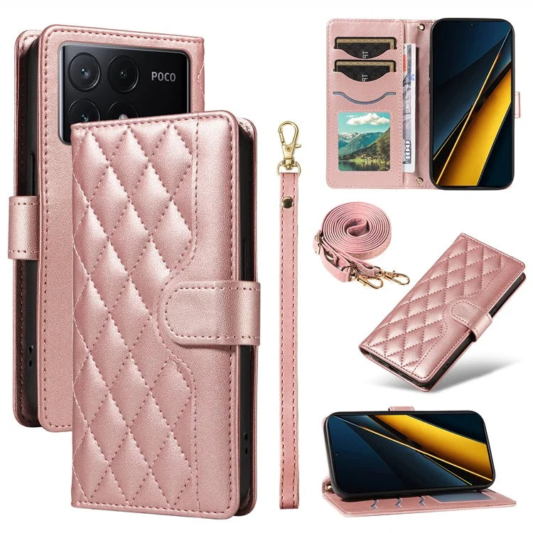 For Xiaomi Poco X6 Pro 5G / Redmi K70E 5G Case Wallet Rhombus Leather Phone Cover with Shoulder Strap, Wrist Strap