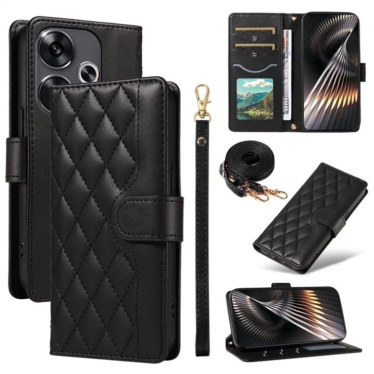 For Xiaomi Redmi 13 5G / 4G / Note 13R 5G / Poco M6 4G Case Wallet Rhombus Leather Phone Cover with Shoulder Strap, Wrist Strap