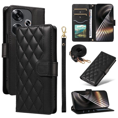 For Xiaomi Redmi 13 5G / 4G / Note 13R 5G / Poco M6 4G Case Wallet Rhombus Leather Phone Cover with Shoulder Strap, Wrist Strap