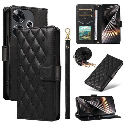 For Xiaomi Redmi 13 5G / 4G / Note 13R 5G / Poco M6 4G Case Wallet Rhombus Leather Phone Cover with Shoulder Strap, Wrist Strap