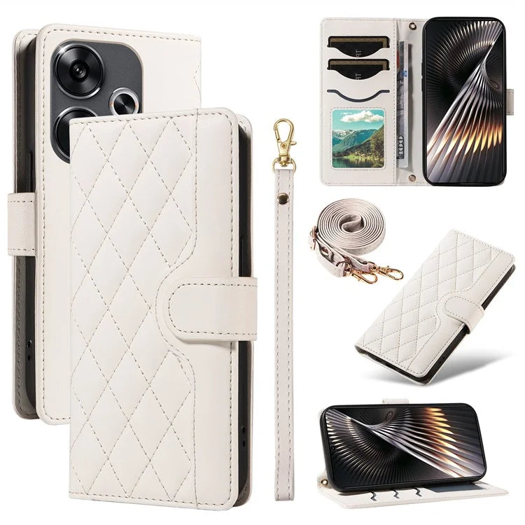 For Xiaomi Redmi 13 5G / 4G / Note 13R 5G / Poco M6 4G Case Wallet Rhombus Leather Phone Cover with Shoulder Strap, Wrist Strap