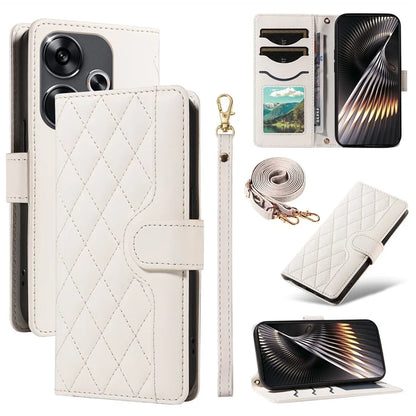 For Xiaomi Redmi 13 5G / 4G / Note 13R 5G / Poco M6 4G Case Wallet Rhombus Leather Phone Cover with Shoulder Strap, Wrist Strap