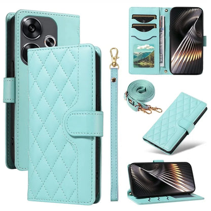 For Xiaomi Redmi 13 5G / 4G / Note 13R 5G / Poco M6 4G Case Wallet Rhombus Leather Phone Cover with Shoulder Strap, Wrist Strap