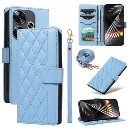 For Xiaomi Redmi 13 5G / 4G / Note 13R 5G / Poco M6 4G Case Wallet Rhombus Leather Phone Cover with Shoulder Strap, Wrist Strap