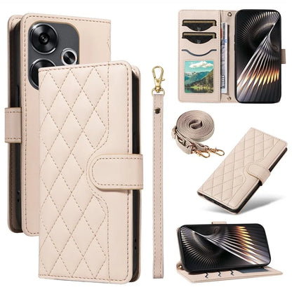 For Xiaomi Redmi 13 5G / 4G / Note 13R 5G / Poco M6 4G Case Wallet Rhombus Leather Phone Cover with Shoulder Strap, Wrist Strap