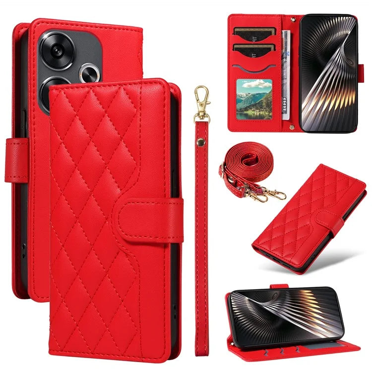 For Xiaomi Redmi 13 5G / 4G / Note 13R 5G / Poco M6 4G Case Wallet Rhombus Leather Phone Cover with Shoulder Strap, Wrist Strap