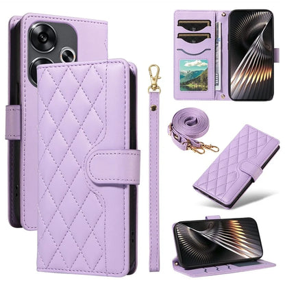 For Xiaomi Redmi 13 5G / 4G / Note 13R 5G / Poco M6 4G Case Wallet Rhombus Leather Phone Cover with Shoulder Strap, Wrist Strap
