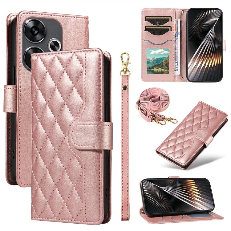 For Xiaomi Redmi 13 5G / 4G / Note 13R 5G / Poco M6 4G Case Wallet Rhombus Leather Phone Cover with Shoulder Strap, Wrist Strap