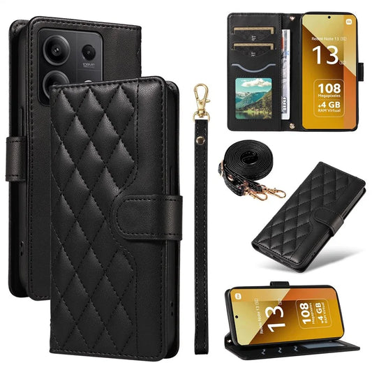 For Xiaomi Redmi Note 13 5G Case Wallet Rhombus Leather Phone Cover with Shoulder Strap, Wrist Strap