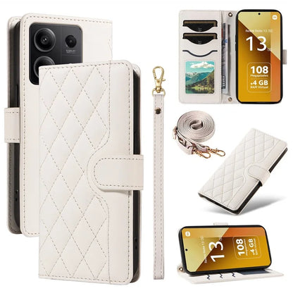 For Xiaomi Redmi Note 13 5G Case Wallet Rhombus Leather Phone Cover with Shoulder Strap, Wrist Strap