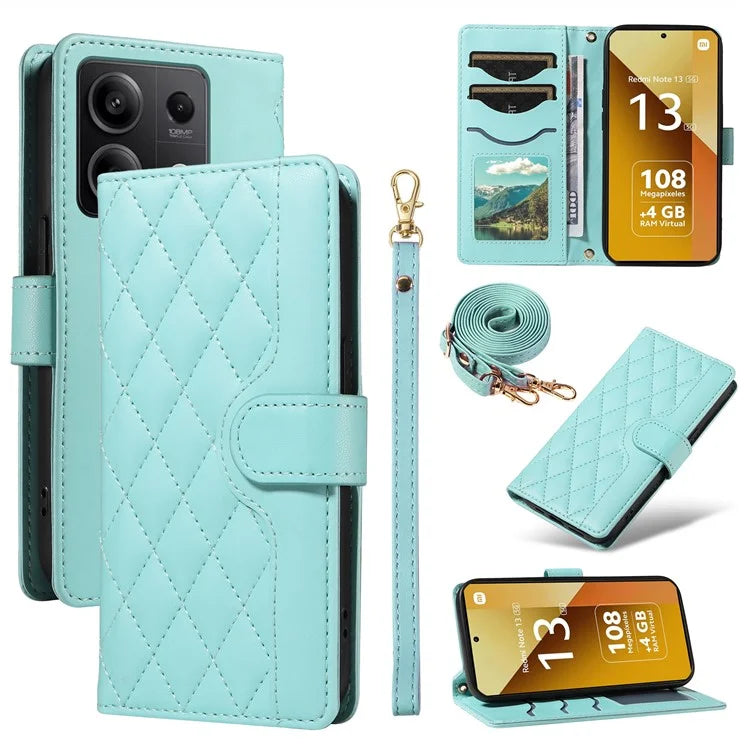 For Xiaomi Redmi Note 13 5G Case Wallet Rhombus Leather Phone Cover with Shoulder Strap, Wrist Strap